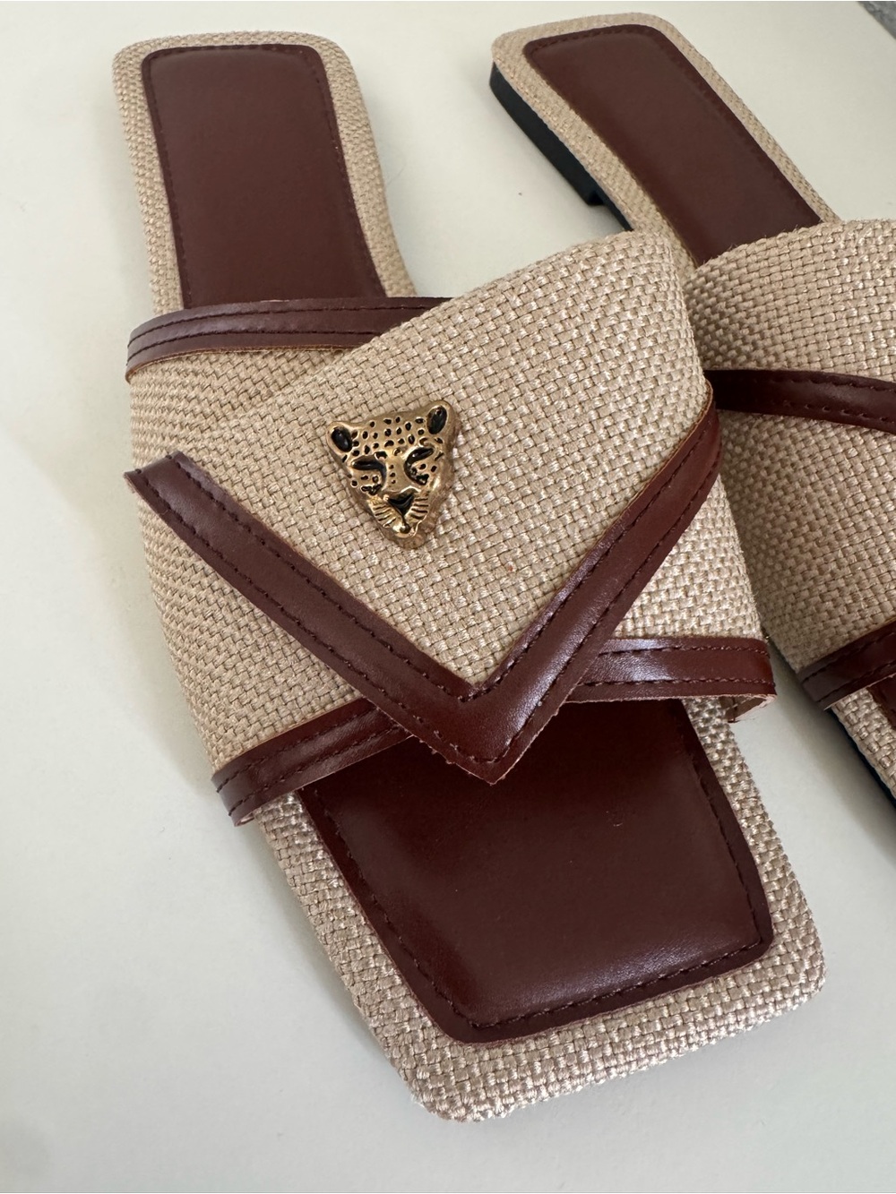 Beige and Brown Slide Sandals with Gold Accent NWOB - Picture 2 of 5